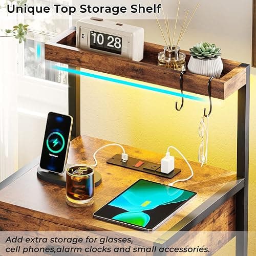 Nightstand with Charging Station and LED Lights, LED Night Stand with 2 USB Ports and 2 AC Outlets, Modern End Table with 3 Drawers, Bedside Table with Open Storage for Bedroom, Rustic Brown thumbnail 5