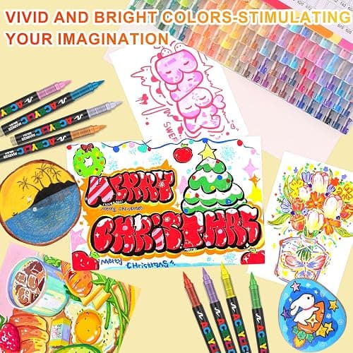 Laconile 120 Couleurs Feutre Acrylique, Stylos Acryliques à Pointe Pinceau pour le Coloriage Adulte ，Acrylic Paint Markers pour Coloriage, Calligraphie, Bois, Toile, Verre, Céramique thumbnail 4