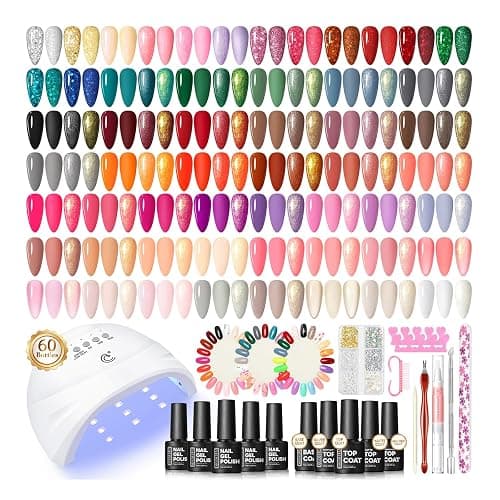 COSCELIA 60PC Gel Nail Polish Kit with U V light 55 Colors Gel Nail Polish Set 5PC Top Base Coat Glitter Rhinestones All Seasons French Manicure Starter Kit at Home for Women Girls - Image 1