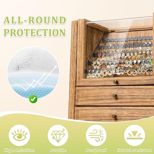 Jewelry Box Organizer, Wood Jewelry Box for Women, Jewelry Storage &Display | Large Jewelry Box for Necklaces, Rings & Bracelets, with a Clear Window to Display Earrings thumbnail 5