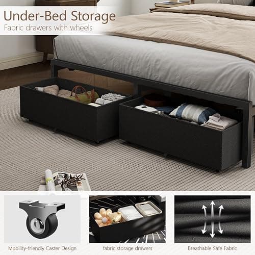 Furnulem Full Size Bed Frame with Headboard, Upholstered Full Bed Frame with LED Light, USB Charging Station, Platform Bedframe with 2 Fabric Underbed Storage Drawers, No Spring Box Needed thumbnail 7