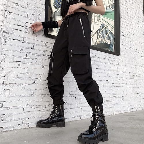MEINVQIAOTI Black Cargo Pants Women Loose Chained Multi-Pocket Multi-Zip Punk Goth Pants thumbnail 4