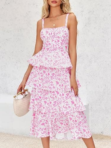Wenrine Womens Summer Floral Maxi Dresses Sleeveless Spaghetti Strap Tie Back Ruffle Tiered Flowy Dresses thumbnail 3