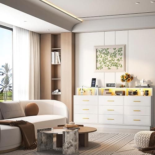 knoworld White 9 Drawer Dressers for Bedroom, Modern Large Dresser with LED Light and Power Outlet, Wooden Long Dresser, Triple Dressers for Bedroom, Living Room, Entryway, Hallway thumbnail 7