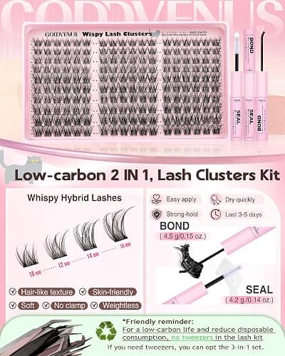 Goddvenus Lash Clusters Kit Wispy Cluster Eyelash Extensions Kit Natural DIY Lash Extension Kit 10-16mm Eyelashes Clusters 180pcs C Curl Individual Lashes Cluster Eyelash (No Tweezers) thumbnail 5