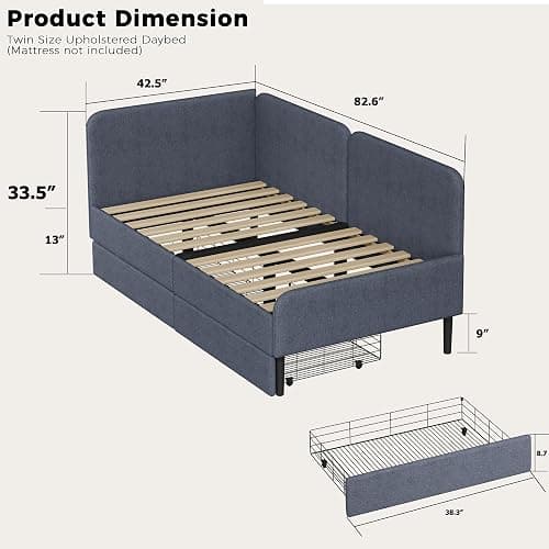 Ailisite Twin Size Corner Bed Frame with 2 Storage Drawers, Twin Size Daybed with Extended Headboard, Upholstered 2-in-One Multifuntion Bed Frame with Guardrails,Modern Bed Frame,Light Grey thumbnail 9