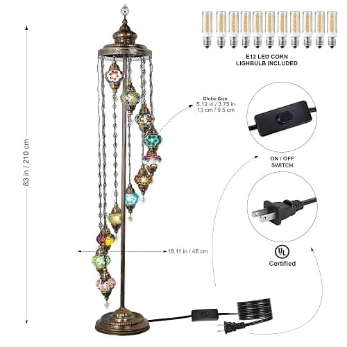 Mozaist Turkish Mosaic Floor Lamp with Bulbs – Handmade Multi Globe Moroccan Standing Lamp, Authentic Stained Glass Light, Bohemian Home Decor (Rainbow, 11 Globe Floor Lamp) thumbnail 2