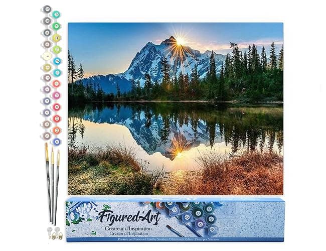 Figured'Art Paint by Numbers for Adults Lake and Mountain Reflection 16"x20" - Craft Art Painting DIY Kit Rolled Canvas Without Frame - Image 1