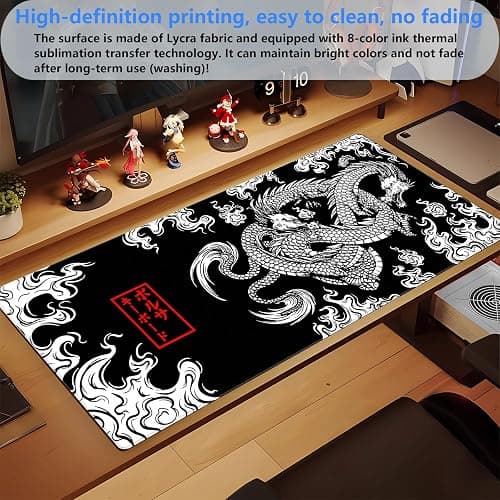 Black and White Mouse Pad Extra Large Gaming Mousepad XL Dragon Desk Mats Japanese Full Desk Keyboard Mat Computer Pad Desk Matt with Stitched Edges Non-Slip Desktop Mat 31.5 x15.7 in thumbnail 6