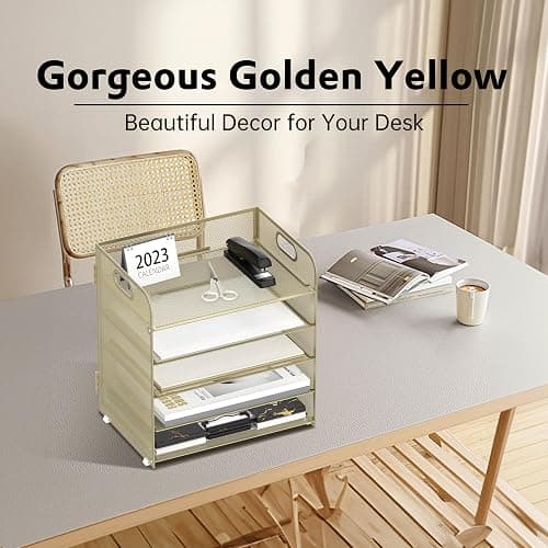 Supeasy 5 Trays Paper Organizer Letter Tray with Handle-Mesh Desk File Organizer,Pink Paper Sorter Desk Organizer for Office, Home or School (Gold Yellow) thumbnail 3