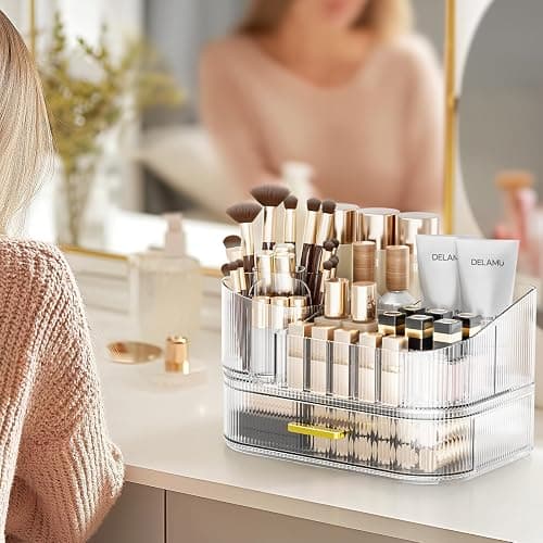 Delamu Makeup Organizer for Vanity with Stackable Drawers, 360 Rotating Makeup Brush Holder Large Cosmetic Display Case, Bathroom Skincare Storage, Crystal Clear, Ideal Christmas Gifts for Girls thumbnail 4