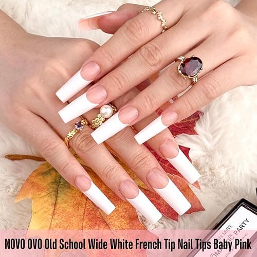 NOVO OVO Old School Wide White French Tip Nail Tips Press on, Long Tapered Square BABY PINK, Extra Thick Soft Gel Fake Acrylic Extension, Need Builder Gel Top Coat & Glue, 15 Sizes 240 pcs thumbnail 3