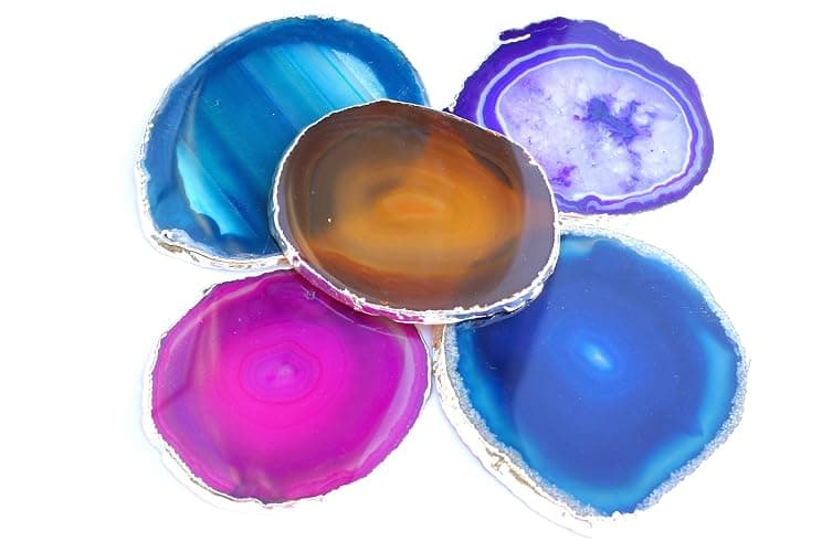 JIC Gem Silver Plated Dyed Mixed Color Agate Coasters, 5 pcs Set, 3-4", Blue, Teal, Natural, Pink, Purple, with Rubber Bumper - Image 1