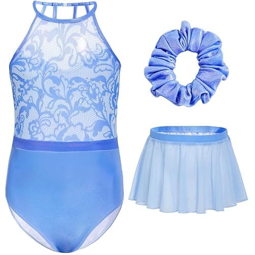 Gogokids Girls 3 PCS Halter Gymnastics Set, Kids Gymnastics Leotard with Rhinestone & Mesh Floral Design, Sparkling Ballet Unitards Includes Leotard, Chiffon Skirt & Hair Tie Gymnastics Gifts for 3-12 - Image 1