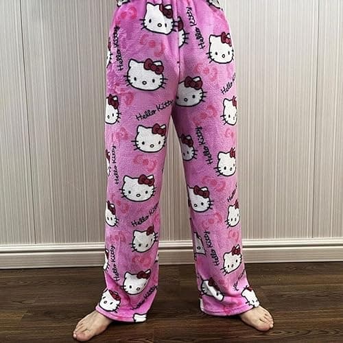 Cute Cartoon Pajama Pants for Women, Kawaii Anime Cat Pjs Christmas Pajama Pants Fluffy Flannel Sleep Bottoms - Rose Red Cat - Medium thumbnail 7