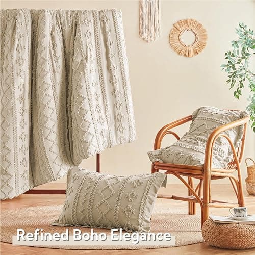 MR&HM Tufted Boho Comforter Set Queen, Linen Farmhouse Bedding Set, Bed in a Bag Set 7 Pieces with 1 Comforter, 2 Pillow Shams, 2 Pillowcases, 1 Flat Sheet, 1 Fitted Sheet for All Seasons thumbnail 5