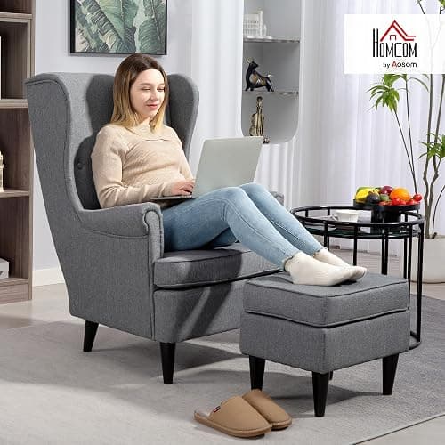 HOMCOM Poltrona Relax con Pouf Poggiapiedi, Cuscino e Schienale Alto, Poltroncina Camera da Letto in Tessuto Trapuntato con Gambe in Legno e Braccioli per Salotto e Soggiorno, 75x83x104 cm, Grigio thumbnail 2