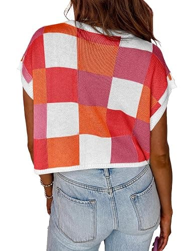 Saodimallsu Womens Cap Sleeve Crop Tops Summer Color Block Going Out Crew Neck Knit Trendy Casual Sweater thumbnail 4