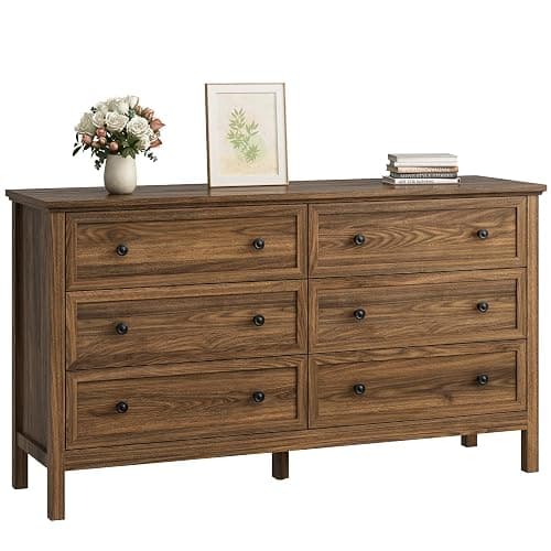 CARPETNAL 55" Walnut Dresser for Bedroom, 6 Drawer Dresser with Wide Drawer and Metal Handles, Wood Dressers & Chests of Drawers for Hallway, Entryway. thumbnail 3