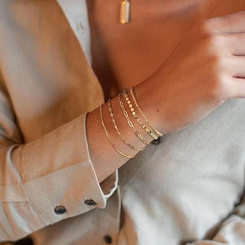 Dochais 5 Stück Armband Damen Gold Set Armband 14K Vergoldet Verstellbar Armbänder Gold Boho Schlange Kubanische Büroklammer Armbänder Schmuck für Damen Frauen Mädchen thumbnail 6