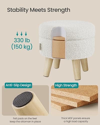 SONGMICS Storage Ottoman, Foot Stool, Round Ottoman with Padded Seat, Foot Rest with Wood Legs, Small Table, for Hallway, Living Room, 12.2 Inches, Teddy Fleece, White ULOM515WD01 thumbnail 7