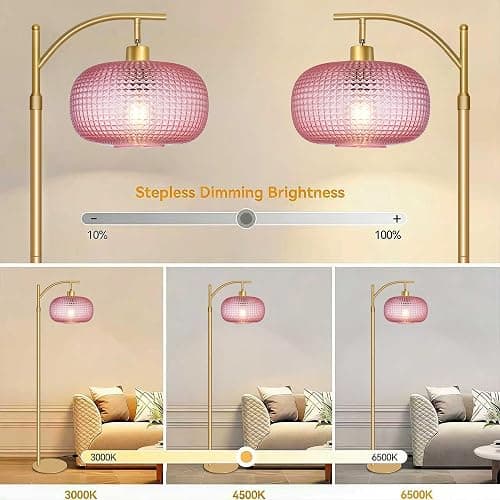 Duoled Glass Floor Lamp for Living Room, Modern Tall Standing Lamp with Pink Glass Lamp Shade, Dimmable Gold Tall Floor Lamp for Bedroom Office with Remote Control, 1 x 12W LED Bulbs Included thumbnail 4