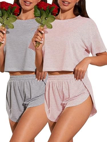 OYOANGLE 2 Pack Summer Pajama Set for Woman Striped Short Sleeve Tshirt and Split Shorts Cute PJ Sets Loungewear - Image 1