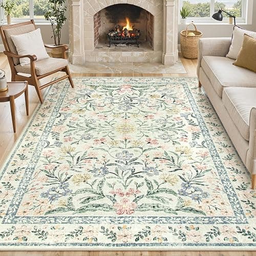 Lahome Boho Rugs for Living Room, Washable Large 8 x 10 Area Rugs for Bedroom Non Slip, Soft Ultra-Thin Distressed Floral Throw Carpet for Office Dining Room, Cream/Multi thumbnail 9