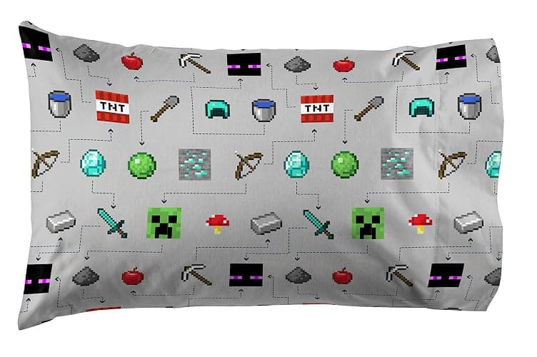 Jay Franco Kids Sheet Set with Fitted, Flat Sheets & Pillow Cover - Ultra-Soft Bedding with Pillowcase for Room Decor, Gray - Minecraft, 3 Piece Twin thumbnail 2