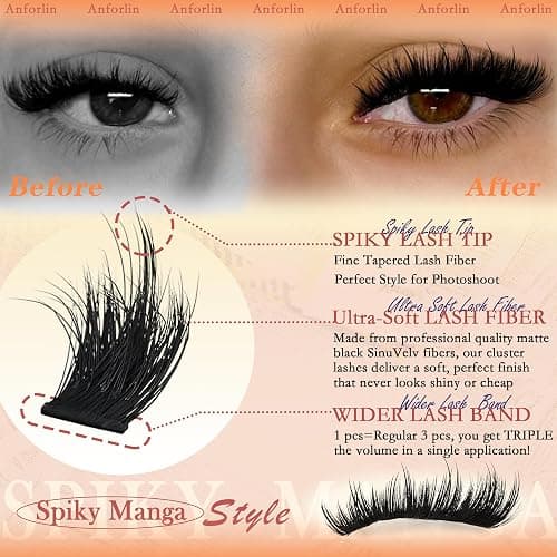 Thick Lash Clusters With Spikes 180D+280D Volume Eyelash Clusters 12-22MM Long Manga Lash Extension Spiky Cluster Eyelash Extensions 224Pcs Manga Individual Lashes DIY at Home by Anforlin thumbnail 4