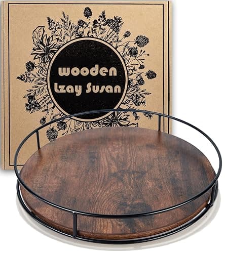 12 Inch Wood Lazy Susan, Rustic Brown Turntable Organizer with Steel Frame, 360 Degree Decorative Turntable for Countertop or Centerpieces - Image 1