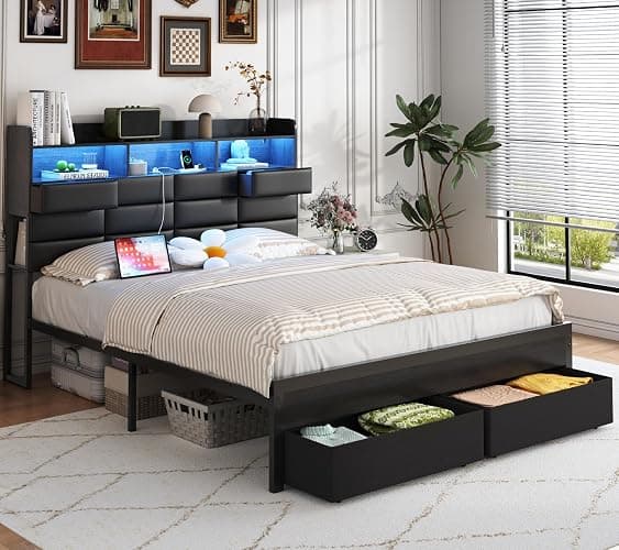 Etditrnp Full Bed Frame with Storage Headboard, Upholstered Black Bed Frame with 4 Drawers, LED Lights, and Charging Station, Heavy-Duty Metal Slats Support, Noise-Free thumbnail 7