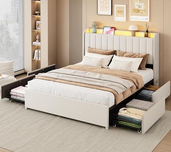 Etditrnp Queen Bed Frame with 4 Storage Drawers, LED Bed Frame with Charging Station, Velvet Channel Tufted Upholstered Headboard, Wood Slats Support Noise-Free, No Box Spring Needed, Beige thumbnail 8