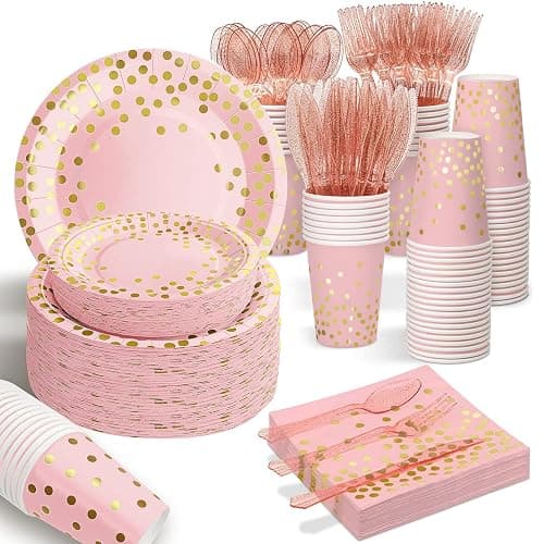 AIRE 175PCS Pink Rose Gold Plates Party Supplies Severs 25 Guests Disposable Party Decorations, Plastic Forks Knives Spoons, Golden Dot Paper Plates Napkins Cups for Baby Shower Birthday Wedding - Image 1