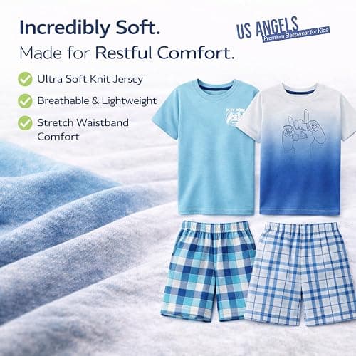 US Angels Pajamas Set for Boys, 4-Piece Set, Short Sleeve Shirt with Pajama Shorts thumbnail 4