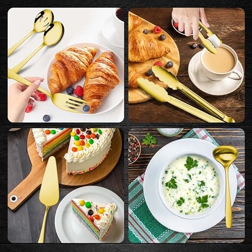 Gisly Gold 12 Pieces Serving Utensils Include Large Serving Spoons,Slotted Serving Spoons,Serving Forks,Serving Tongs,Appetizers Tongs,Soup Ladle and Pie Cake Server for Buffet Catering thumbnail 4