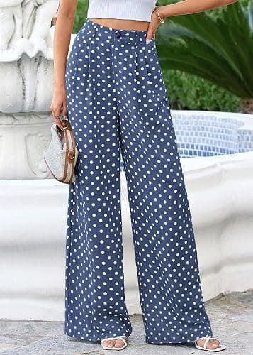 KIRUNDO Wide Leg Pants for Women 2026 Summer Flowy Polka Dot Trousers | Lightweight Dressy Palazzo Work Pant, Elastic High Waisted Pleated Slacks With Pockets, Business Casual Fall Vacation Outfits thumbnail 6