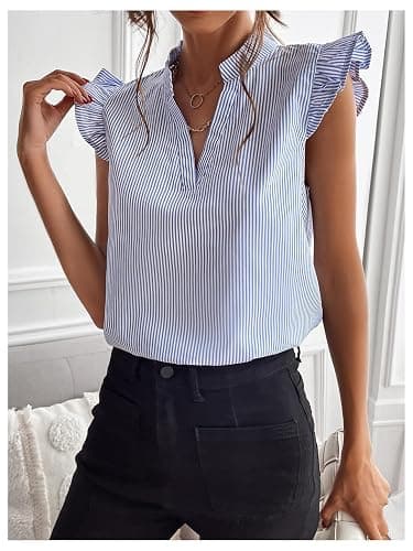 Floerns Women's Striped Ruffle Cap Sleeve Tops Summer Blouse Tops V Neck Business Causal Work Outfits for 2025 thumbnail 4