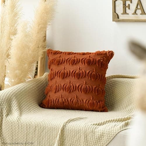AVOIN colorlife Fall Pumpkin Caramel Throw Pillow Covers, 18 x 18 Inch Seasonal Autumn Thanksgiving Harvest Decoration Soft Plush Faux Fur Jacquard Cushion Case Decoration for Sofa Couch Set of 2 thumbnail 3