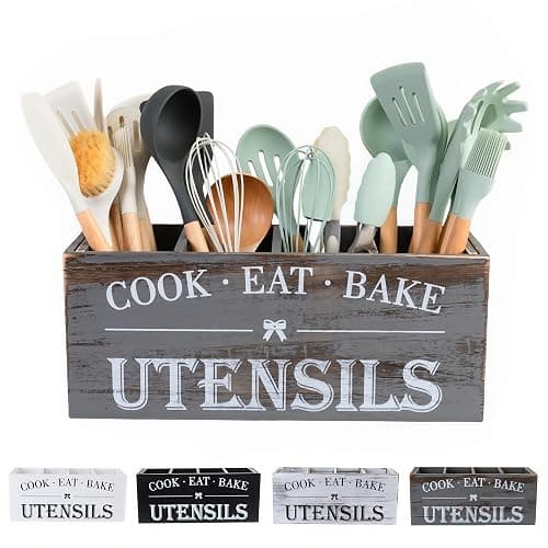LIBODOUR Utensil Holder,Extra Large Wooden Utensil Holder For Kitchen Counter,Cooking Spatula Organizer,Big Storage Caddy With 4 Compartments Flatware Spoon Tool Cutlery(Light Grey) - Image 1