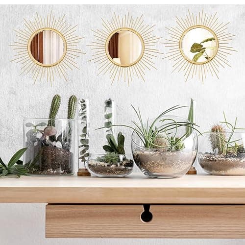 Cityelf 3 Set Gold Sunburst Mirrors for Wall Decorative Metal Mirrors Small Mirror Sets Decor Hanging Mirror Wall Sculpture for Bedroom Living Room Entryway thumbnail 2
