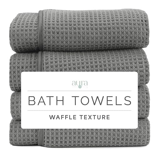S&T INC. Aura Waffle Bath Towels, 4 Pack, 30" x 60", Grey | Quick-Dry, 420GSM, Absorbent Microfiber, Lightweight, Sewn-In Hang Loop, Compact for Home, Gym, and Travel - Image 1
