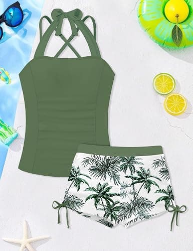 TALLWH Girls Swimsuit 2 Piece Halterneck Tankinis with Back Cross Straps Drawstring Shorts Girls Bathing Suit for Teens 9-18Y thumbnail 5