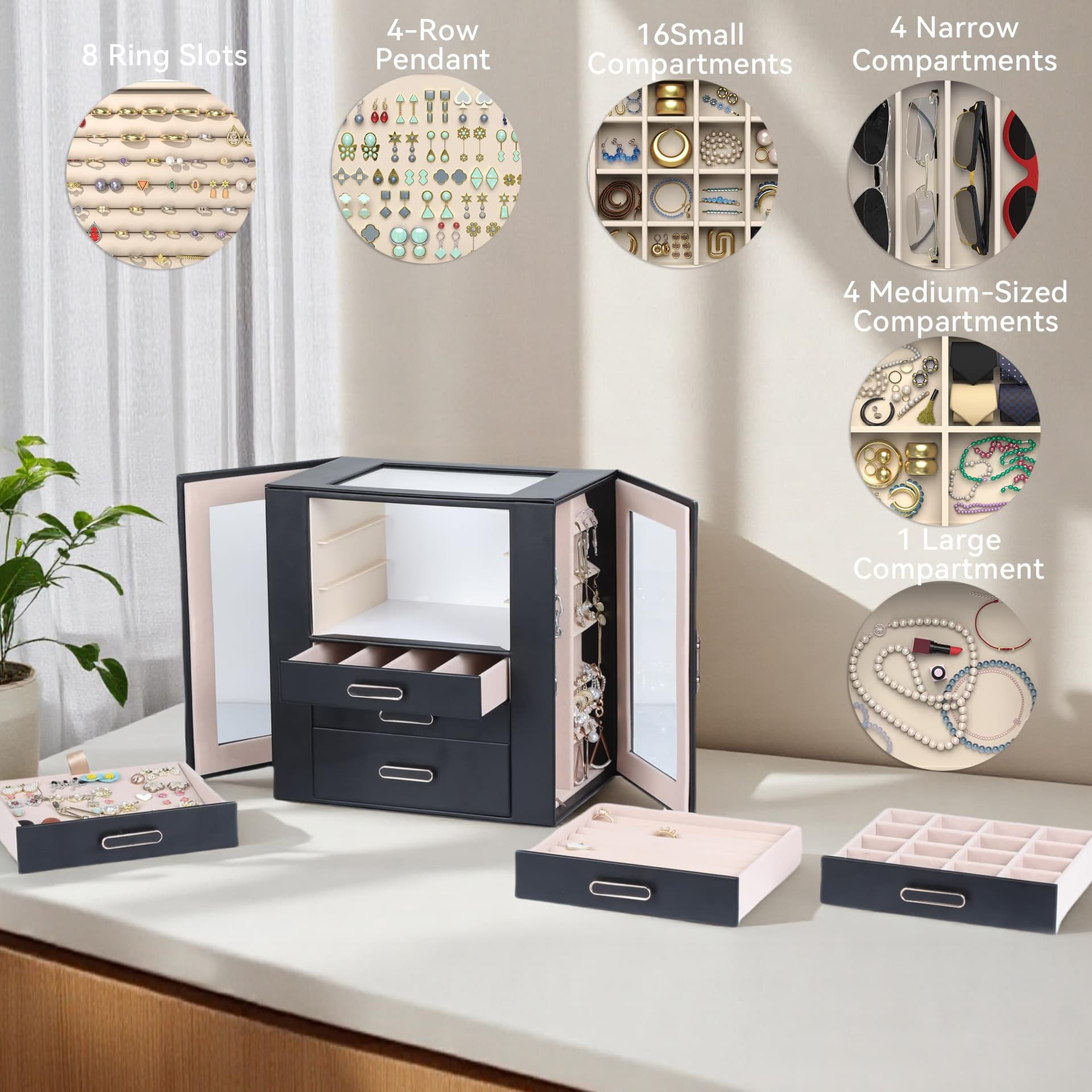 Jewelry Boxes for Women, 6 Layer Jewelry Organizer with Glass Lids, Jewelry Holder Organizer with 5 Drawers and 2 Glass Doors for Jewelry Storage, Big Jewelry Box for Womens Gift (Black) thumbnail 4