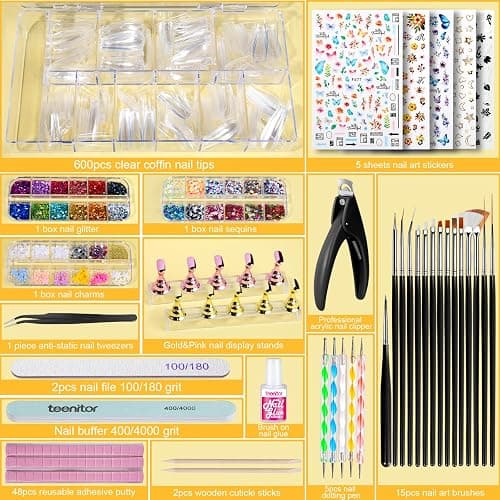 Teenitor Press On Nail Kit - Clear Coffin Nail Tips, Art Brushes, Dotting Pen, Glitter, Stickers & Rhinestones thumbnail 2