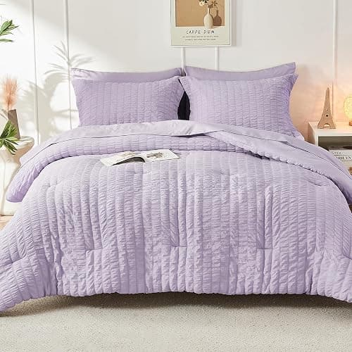 HYMOKEGE Lavender Full Size Comforter Sets Seersucker 7 Pieces, All Season Luxury Bed in a Bag for Bedroom, Bedding Set with Comforters, Sheets, Pillowcases & Shams thumbnail 9