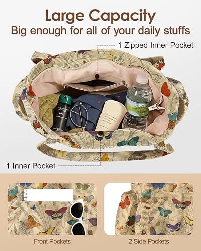 Miss Adola Large Corduroy Tote Bag for Women with Zipper | Zipper Closure, Large Shoulder Bag, Multi-Pocket Storage, Reusable School Tote, Cute Aesthetic Design for Work and Travel thumbnail 5