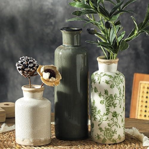 Vintage Vase Set of 3, Ceramic Vintage Flower Vases, Chinoiserie Decorative Home Decor Retro Floral Vase Rustic Farmhouse Decor for Table Bookshelf Mantel Kitchen Living Room Office - Green and Beige - Image 1