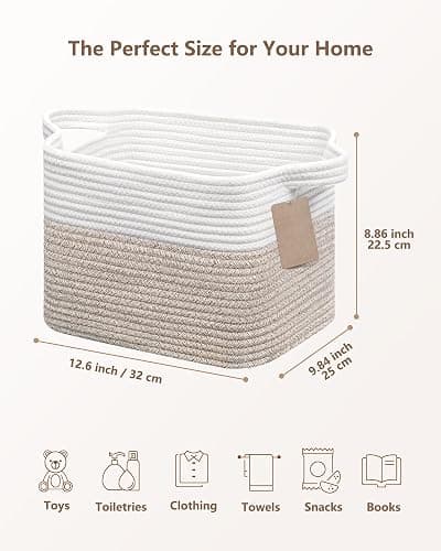 JOJOSEE Woven Storage Basket, Cotton Rope Basket for Shelves Toys Organizer, Square Storage Baskets for Books, Shoes, Decorative Gift Baskets for Home Bathroom Organizer 33x25x22.5cm (White&Brown) thumbnail 2