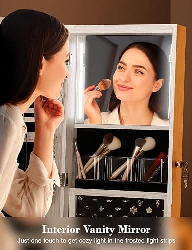 Nicetree 360° Swivel Jewelry Cabinet with Lights, Touch Screen Vanity Mirror, Rotatable Full Length Mirror with Jewelry Storage, Standing Jewelry Armoire Organizer, Foldable Makeup Shelf, White thumbnail 6